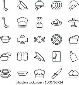 Thin Line Icon Set - fridge vector, cook, restaurant table, serviette, cafe, hat, plates, waiter, salt and pepper, ladle, bowl, rolling pin, cutting board, knife, steaming pan