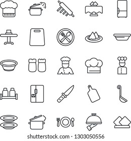 Thin Line Icon Set - fridge vector, cook, restaurant table, serviette, cafe, hat, plates, waiter, salt and pepper, ladle, bowl, rolling pin, cutting board, knife, steaming pan