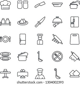 Thin Line Icon Set - fridge vector, cook, restaurant table, serviette, cafe, hat, plates, waiter, salt and pepper, ladle, bowl, rolling pin, cutting board, knife, steaming pan