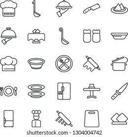 Thin Line Icon Set - fridge vector, cook, restaurant table, serviette, cafe, hat, plates, waiter, salt and pepper, ladle, bowl, rolling pin, cutting board, knife, steaming pan