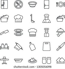Thin Line Icon Set - fridge vector, cook, restaurant table, serviette, cafe, hat, plates, waiter, salt and pepper, ladle, bowl, rolling pin, cutting board, knife, steaming pan