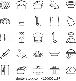Thin Line Icon Set - fridge vector, cook, restaurant table, serviette, cafe, hat, plates, waiter, salt and pepper, ladle, bowl, rolling pin, cutting board, knife, steaming pan