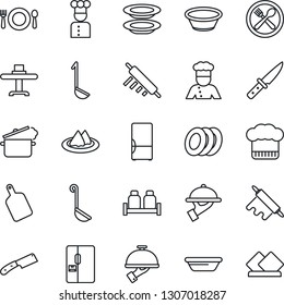 Thin Line Icon Set - fridge vector, cook, restaurant table, serviette, cafe, hat, plates, waiter, salt and pepper, ladle, bowl, rolling pin, cutting board, knife, steaming pan