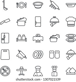Thin Line Icon Set - fridge vector, cook, restaurant table, cafe, hat, plates, waiter, salt and pepper, ladle, bowl, rolling pin, cutting board, knife, steaming pan, serviette