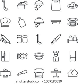Thin Line Icon Set - fridge vector, cook, restaurant table, serviette, cafe, hat, plates, waiter, salt and pepper, ladle, bowl, rolling pin, cutting board, knife, steaming pan