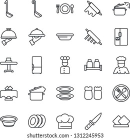 Thin Line Icon Set - fridge vector, cook, restaurant table, cafe, hat, plates, waiter, salt and pepper, ladle, bowl, rolling pin, knife, steaming pan, serviette