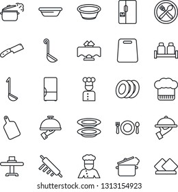 Thin Line Icon Set - fridge vector, cook, restaurant table, cafe, hat, plates, waiter, salt and pepper, ladle, bowl, rolling pin, cutting board, knife, steaming pan, serviette