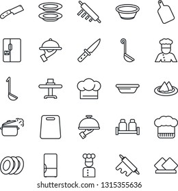 Thin Line Icon Set - fridge vector, cook, restaurant table, serviette, hat, plates, waiter, salt and pepper, ladle, bowl, rolling pin, cutting board, knife, steaming pan