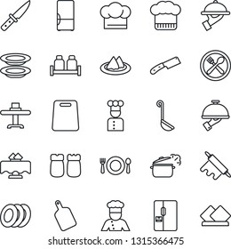 Thin Line Icon Set - fridge vector, cook, restaurant table, serviette, cafe, hat, plates, waiter, salt and pepper, ladle, rolling pin, cutting board, knife, steaming pan