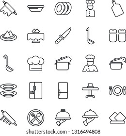 Thin Line Icon Set - fridge vector, cook, restaurant table, serviette, cafe, hat, plates, waiter, salt and pepper, ladle, bowl, rolling pin, cutting board, knife, steaming pan