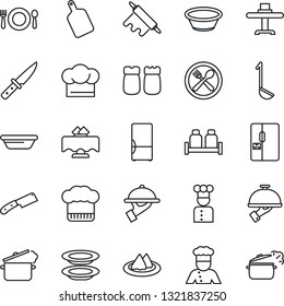 Thin Line Icon Set - fridge vector, cook, restaurant table, serviette, cafe, hat, plates, waiter, salt and pepper, ladle, bowl, rolling pin, cutting board, knife, steaming pan