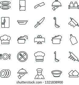 Thin Line Icon Set - fridge vector, cook, restaurant table, cafe, hat, plates, waiter, salt and pepper, ladle, bowl, rolling pin, cutting board, knife, steaming pan, serviette