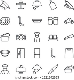 Thin Line Icon Set - fridge vector, cook, restaurant table, serviette, cafe, plates, waiter, salt and pepper, ladle, bowl, rolling pin, cutting board, knife, steaming pan