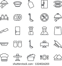 Thin Line Icon Set - fridge vector, cook, restaurant table, cafe, hat, plates, waiter, salt and pepper, ladle, bowl, rolling pin, cutting board, knife, steaming pan, serviette