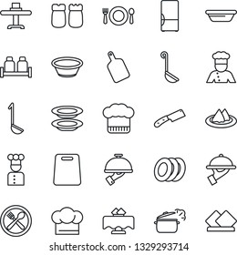 Thin Line Icon Set - fridge vector, cook, restaurant table, serviette, cafe, hat, plates, waiter, salt and pepper, ladle, bowl, cutting board, knife, steaming pan