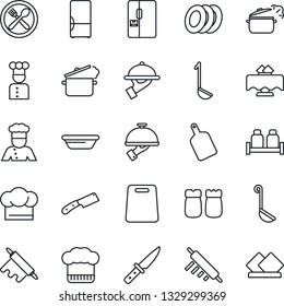 Thin Line Icon Set - fridge vector, cook, restaurant table, cafe, hat, plates, waiter, salt and pepper, ladle, bowl, rolling pin, cutting board, knife, steaming pan, serviette