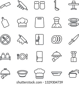 Thin Line Icon Set - fridge vector, cook, restaurant table, cafe, hat, plates, waiter, salt and pepper, ladle, bowl, rolling pin, cutting board, knife, steaming pan