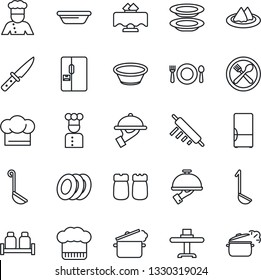 Thin Line Icon Set - fridge vector, cook, restaurant table, serviette, cafe, hat, plates, waiter, salt and pepper, ladle, bowl, rolling pin, knife, steaming pan