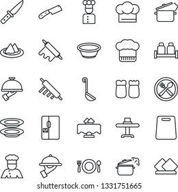 Thin Line Icon Set - fridge vector, cook, restaurant table, serviette, cafe, hat, plates, waiter, salt and pepper, ladle, bowl, rolling pin, cutting board, knife, steaming pan