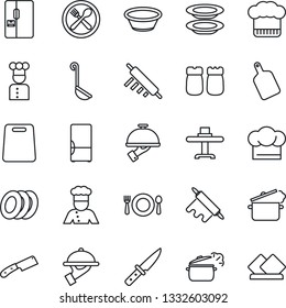 Thin Line Icon Set - fridge vector, cook, restaurant table, cafe, hat, plates, waiter, salt and pepper, ladle, bowl, rolling pin, cutting board, knife, steaming pan, serviette