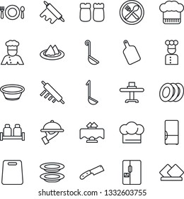 Thin Line Icon Set - fridge vector, cook, restaurant table, serviette, cafe, hat, plates, waiter, salt and pepper, ladle, bowl, rolling pin, cutting board, knife