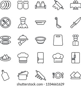Thin Line Icon Set - fridge vector, cook, restaurant table, serviette, cafe, hat, plates, waiter, salt and pepper, ladle, bowl, rolling pin, cutting board, knife, steaming pan