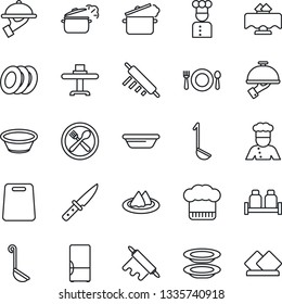 Thin Line Icon Set - fridge vector, cook, restaurant table, serviette, cafe, hat, plates, waiter, salt and pepper, ladle, bowl, rolling pin, cutting board, knife, steaming pan
