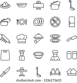 Thin Line Icon Set - fridge vector, cook, restaurant table, serviette, cafe, hat, plates, waiter, salt and pepper, ladle, bowl, rolling pin, cutting board, knife, steaming pan