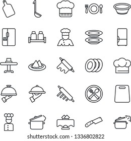 Thin Line Icon Set - fridge vector, cook, restaurant table, serviette, cafe, hat, plates, waiter, salt and pepper, ladle, bowl, rolling pin, cutting board, knife, steaming pan