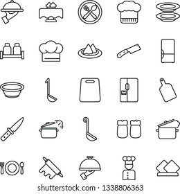 Thin Line Icon Set - fridge vector, cook, restaurant table, serviette, cafe, hat, plates, waiter, salt and pepper, ladle, bowl, rolling pin, cutting board, knife, steaming pan