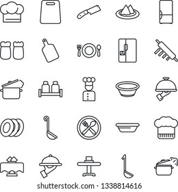 Thin Line Icon Set - fridge vector, cook, restaurant table, serviette, cafe, hat, plates, waiter, salt and pepper, ladle, bowl, rolling pin, cutting board, knife, steaming pan