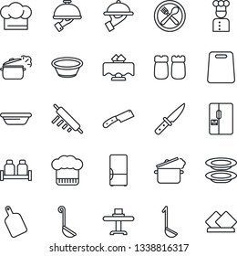 Thin Line Icon Set - fridge vector, cook, restaurant table, cafe, hat, plates, waiter, salt and pepper, ladle, bowl, rolling pin, cutting board, knife, steaming pan, serviette