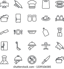 Thin Line Icon Set - fridge vector, cook, restaurant table, serviette, cafe, hat, plates, waiter, salt and pepper, ladle, bowl, rolling pin, cutting board, knife, steaming pan