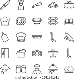 Thin Line Icon Set - fridge vector, cook, restaurant table, serviette, cafe, hat, plates, waiter, salt and pepper, ladle, bowl, rolling pin, cutting board, knife, steaming pan