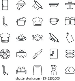 Thin Line Icon Set - fridge vector, cook, restaurant table, serviette, cafe, hat, plates, waiter, salt and pepper, ladle, bowl, rolling pin, cutting board, knife, steaming pan