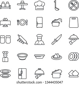 Thin Line Icon Set - fridge vector, cook, restaurant table, serviette, cafe, hat, plates, waiter, salt and pepper, ladle, bowl, rolling pin, cutting board, knife, steaming pan