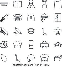 Thin Line Icon Set - fridge vector, cook, restaurant table, serviette, hat, plates, waiter, salt and pepper, ladle, bowl, rolling pin, cutting board, knife, steaming pan