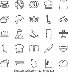 Thin Line Icon Set - fridge vector, cook, restaurant table, serviette, cafe, hat, plates, waiter, salt and pepper, ladle, bowl, rolling pin, cutting board, knife, steaming pan