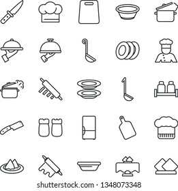 Thin Line Icon Set - fridge vector, cook, restaurant table, serviette, hat, plates, waiter, salt and pepper, ladle, bowl, rolling pin, cutting board, knife, steaming pan