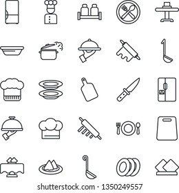 Thin Line Icon Set - fridge vector, cook, restaurant table, serviette, cafe, hat, plates, waiter, salt and pepper, ladle, bowl, rolling pin, cutting board, knife, steaming pan