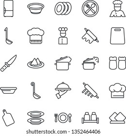 Thin Line Icon Set - fridge vector, cook, serviette, cafe, hat, plates, waiter, salt and pepper, ladle, bowl, rolling pin, cutting board, knife, steaming pan