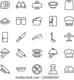 Thin Line Icon Set - fridge vector, cook, restaurant table, serviette, cafe, hat, plates, waiter, salt and pepper, ladle, bowl, rolling pin, cutting board, knife, steaming pan