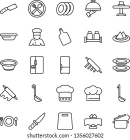 Thin Line Icon Set - fridge vector, cook, restaurant table, serviette, cafe, hat, plates, waiter, salt and pepper, ladle, bowl, rolling pin, cutting board, knife, steaming pan