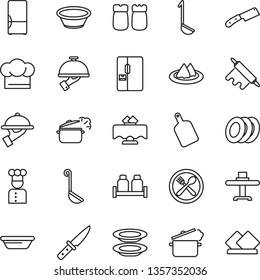 Thin Line Icon Set - fridge vector, cook, restaurant table, serviette, cafe, hat, plates, waiter, salt and pepper, ladle, bowl, rolling pin, cutting board, knife, steaming pan