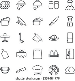 Thin Line Icon Set - fridge vector, cook, restaurant table, serviette, cafe, hat, plates, waiter, salt and pepper, ladle, bowl, rolling pin, cutting board, knife, steaming pan