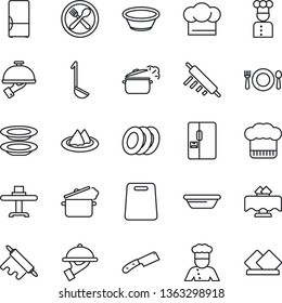 Thin Line Icon Set - fridge vector, cook, restaurant table, serviette, cafe, hat, plates, waiter, ladle, bowl, rolling pin, cutting board, knife, steaming pan