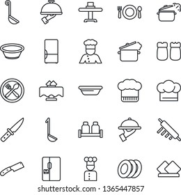 Thin Line Icon Set - fridge vector, cook, restaurant table, cafe, hat, plates, waiter, salt and pepper, ladle, bowl, rolling pin, knife, steaming pan, serviette