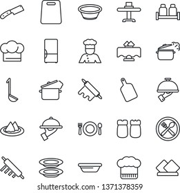 Thin Line Icon Set - fridge vector, cook, restaurant table, serviette, cafe, hat, plates, waiter, salt and pepper, ladle, bowl, rolling pin, cutting board, knife, steaming pan