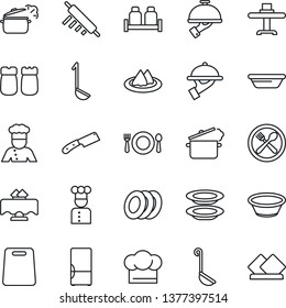 Thin Line Icon Set - fridge vector, cook, restaurant table, serviette, cafe, hat, plates, waiter, salt and pepper, ladle, bowl, rolling pin, cutting board, knife, steaming pan