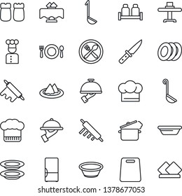 Thin Line Icon Set - fridge vector, cook, restaurant table, serviette, cafe, hat, plates, waiter, salt and pepper, ladle, bowl, rolling pin, cutting board, knife, steaming pan